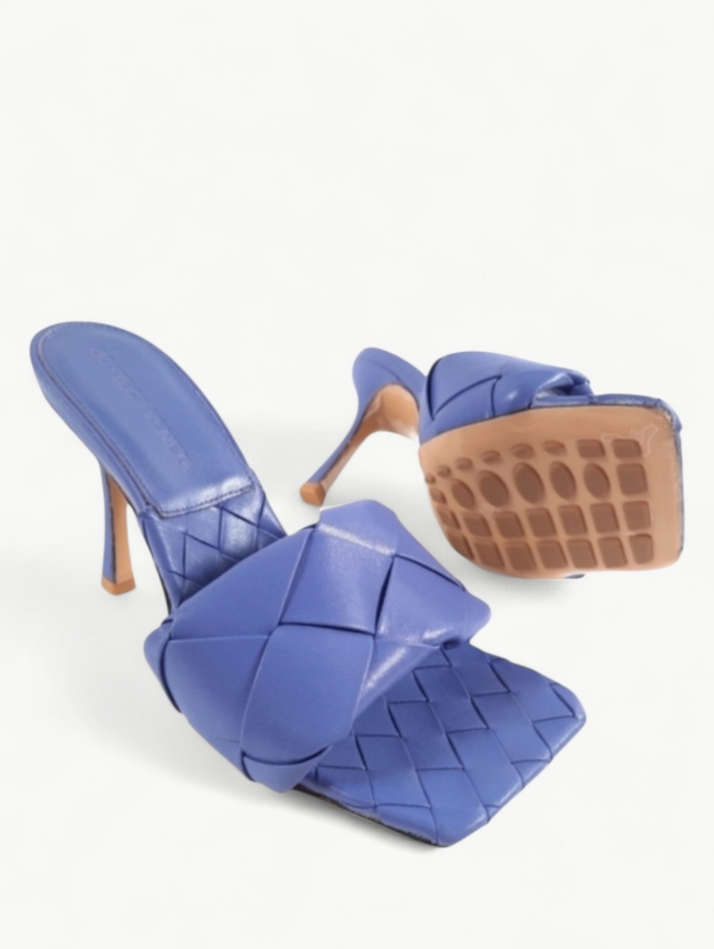 BOTTEGA VENETA Intrecciato Heels Square Toes Lambskin Sandals Indigo Italy 38 8